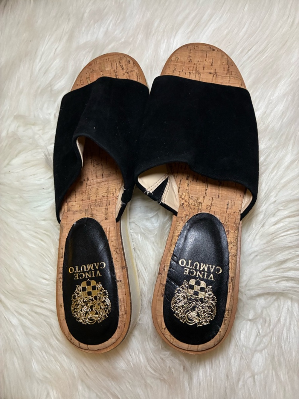 Vince Camuto Black Suede Cork Slide Mules